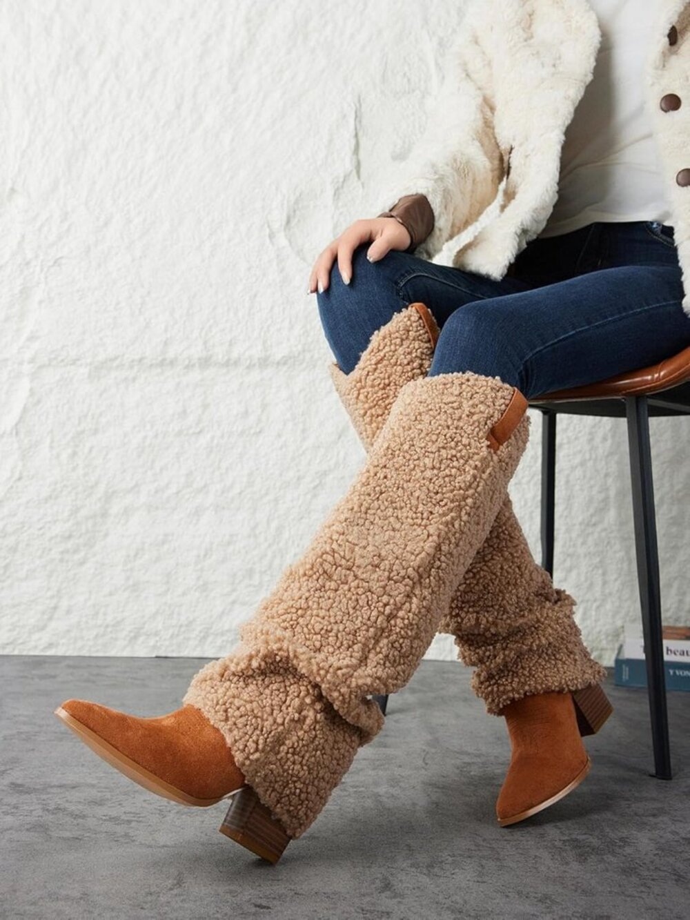 Women's US 9 Brown Sherpa Fold Over Boots Knee High Cowboy Boots Chunky High Hee - Picture 4 of 5
